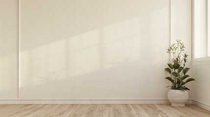 Poster - A white room with a large window and a potted plant. The room is empty and has a minimalist feel. AI generated.