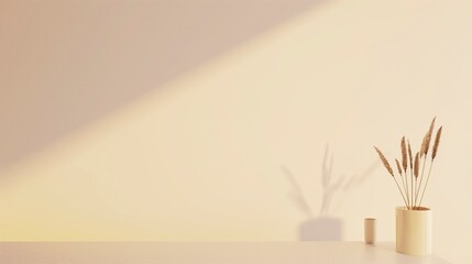 Fototapete - A white wall with a vase of flowers on it. The vase is filled with straw and the flowers are tall. AI generated.