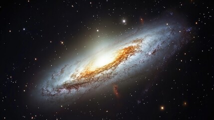 Wall Mural - Spiral galaxy with bright core and surrounding stars in deep space with dark background and copy space available