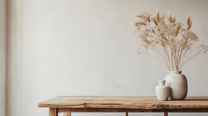 Poster - A table with a vase of flowers and two white vases. The flowers are in a tall vase and the other two vases are smaller. The table is empty. AI generated.