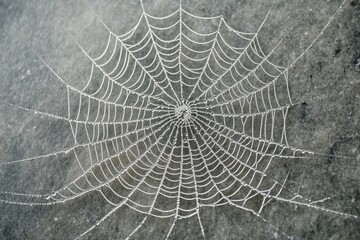 A spiderweb glistening with morning dew, intricate design, nature's artistry.