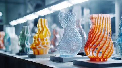 An array of freshly printed prototypes lined up on a workbench each one showcasing different materials and designs with a 3D printer in action in the background.