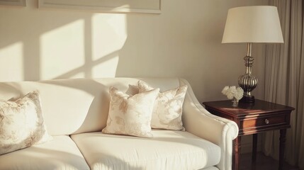 Wall Mural - Elegant living room interior with white sofa and decorative pillows illuminated by soft sunlight Copy Space