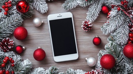 Wall Mural - Christmas-themed flat lay with smartphone surrounded by festive decorations including red and white baubles, pine cones, and frosted greenery, Copy Space