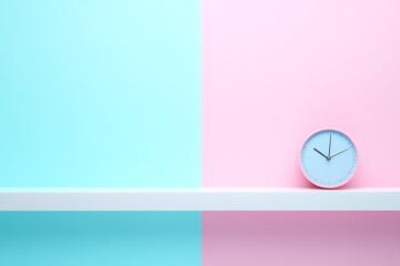 Wall Mural - Pastel Pink and Blue Wall Shelf with Clock Decor