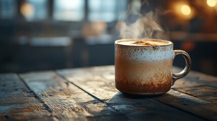 Sticker - A minimalistic stock photo of a steaming cup of creamy coffee topped with cinnamon, placed on a rustic wooden table