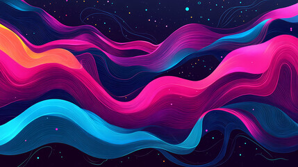 Vibrant, abstract digital art featuring fluid wave motion with swirling lines of pink, purple and blue against a dark background. Mystic Wave. Illustration