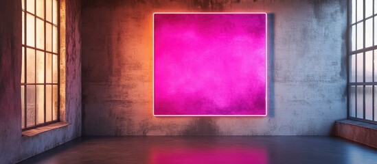 Colorful abstract artwork in modern gallery setting with concrete walls and large windows, illuminated with soft lighting, Copy Space