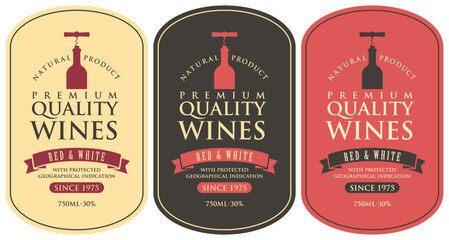 Wall Mural - set of vector wine labels with a bottle, corkscrew and calligraphic inscription on different backgro