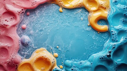 Wall Mural - Colorful abstract paint splash with bubbles in blue pink and yellow tones Copy Space for text