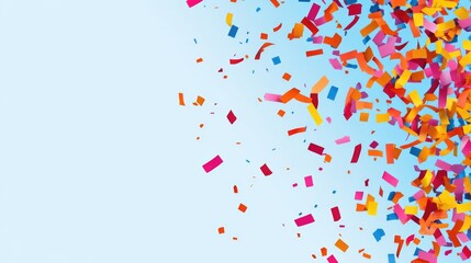 Wall Mural - colorful confetti in various shapes and sizes falling against a light blue background with copy spac