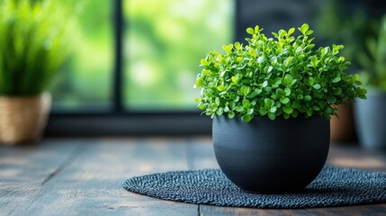 Wall Mural - Houseplant in a black pot on a textured mat with greenery out of focus in the background Copy Space