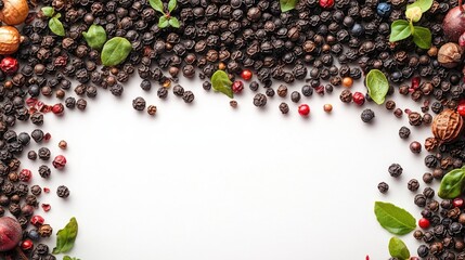 Canvas Print - Assorted spices and herbs arranged around white blank space on a dark background with berries and leaves for food design Copy Space