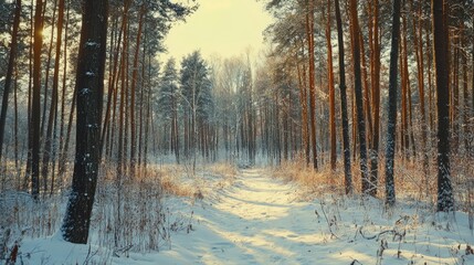 Wall Mural - Snow-covered forest pathway with tall trees in winter sunlight and copy space for text