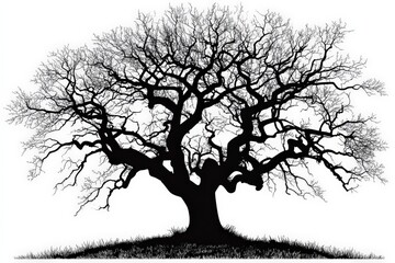 Wall Mural - Silhouette of a large tree with intricate branches against a white background during daylight