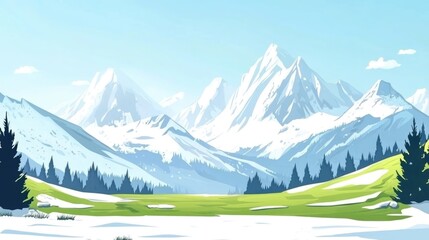 Wall Mural - Snowy mountain landscape with evergreen trees under a clear blue sky and ample copy space for text