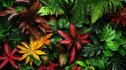 Sticker - Vibrant assortment of tropical leaves in various shapes and colors arranged in a dense pattern with Copy Space for text placement