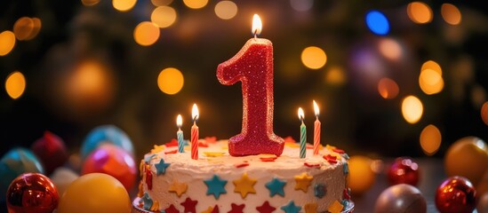 Colorful birthday cake shaped like number one with candles and festive decorations on celebratory background with empty space for text