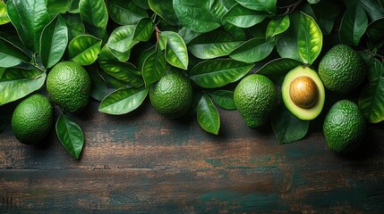 Wall Mural - Fresh avocados on wooden table surrounded by green leaves with copy space for text backdrop