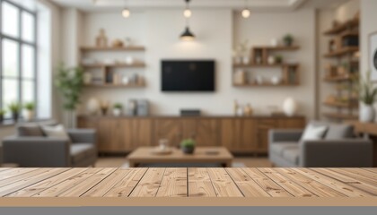 Empty wooden table top with a blurred living room interior background for product display, presentation, or design of a coffee shop, home, and kitchen show concept, 8k