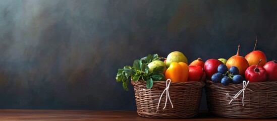 Canvas Print - Baskets of fresh fruits and vegetables with empty copyspace for text on a rustic wooden table against a dark background