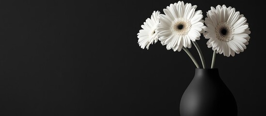 Canvas Print - Elegant black vase with white gerbera daisies on dark background featuring ample copyspace for text or branding purposes