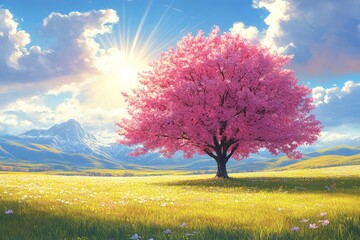 Wall Mural - Stunning cherry blossom tree under bright sunlight in a vibrant meadow with distant mountains