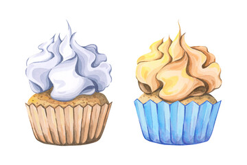 Watercolor illustration of two cupcakes: one with white frosting and the other with yellow-beige cream. Detailed textures and soft colors make it perfect for dessert art, bakery designs