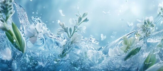 Poster - Frozen Flora Liquid Design Featuring Botanical Elements with Copyspace for Text in an Ethereal Blue Water Background