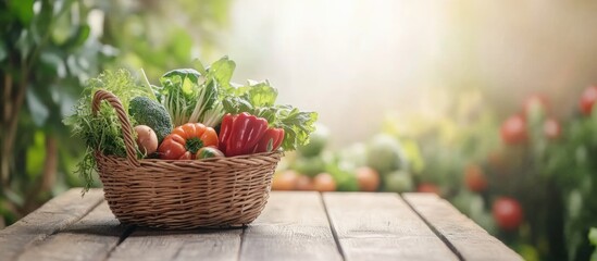 Canvas Print - Basket filled with freshly harvested vegetables on a rustic outdoor table with soft sunlight and empty space for text or graphics