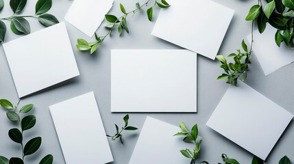 Business card collage template featuring blank cards and greenery on a light gray background