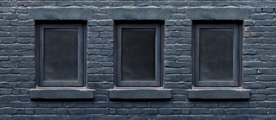 Canvas Print - Black Windows on Dark Brick Wall Offering Empty Copyspace for Text and Visual Contrast in Urban Architecture Context