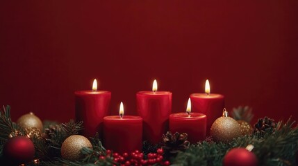 Wall Mural - Festive Christmas Candles with Advent Decor and Empty Space for Holiday Text or Messages on a Warm Red Background