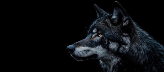 close up portrait of a black wolf facing left against a dark background with ample empty space for t