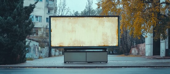 Canvas Print - Empty Billboard Advertisement Space on Urban Street Ready for Custom Text or Promotion in City Environment with Autumn Trees Nearby