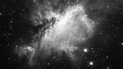 Nebula in deep space captured in black and white featuring stars and cosmic dust with Copy Space for text placement