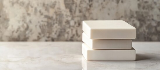 Canvas Print - Minimalist White Soap Packaging on Marble Surface with Empty Space for Custom Text or Branding in Clean Aesthetic Background