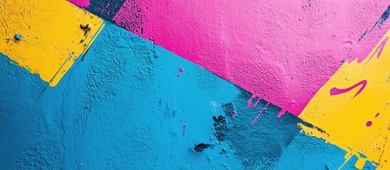 Sticker - Colorful abstract spray paint background in blue pink and yellow with ample empty space for creative text or design elements