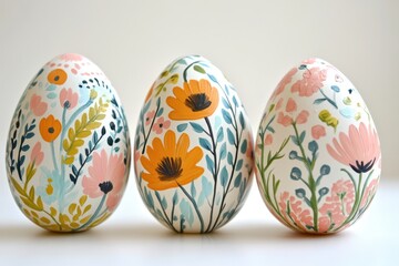 Three beautifully painted Easter eggs adorned with floral and leafy designs.