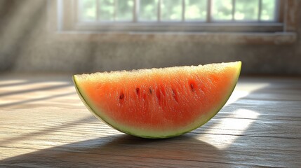 Wall Mural - Fresh watermelon slice on rustic wooden table in natural light