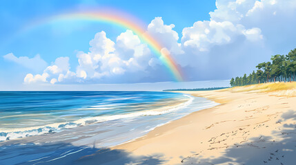 Wall Mural - Scenic beach view with a vibrant rainbow over the calm sea. Rainbow Shoreline. Illustration