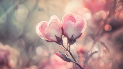 Wall Mural - Delicate Pink Blossoms in Soft Sunlight Romantic Spring Flowers Close up