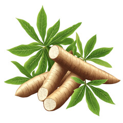 Wall Mural - Fresh organic cassava roots and vibrant green leaves illustration on a bright background, Fresh organic cassava with leaves illustration transparent background