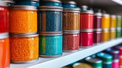 Wall Mural - Colorful jars of craft supplies arranged on a shelf in a creative workspace