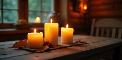 Wall Mural - Four pillar candles lit on a wooden table create a warm and inviting ambiance in a cozy cabin, rustic, fall, candlelight