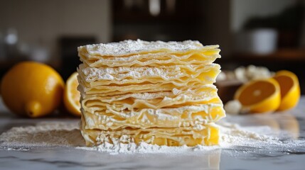 Wall Mural - Freshly made tortillas stacked on a marble countertop in a cozy kitchen setting