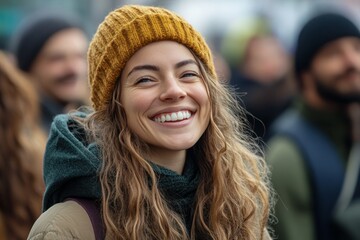 Wall Mural - Happy woman with long dark hair smiles during an event in a vibrant, crowded venue