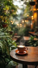 Wall Mural - Hot coffee cup resting on a wooden table surrounded by greenery in a cozy cafe ambiance