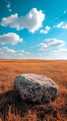 Wall Mural - Large boulder in a golden grassland under a bright blue sky with soft clouds during the afternoon