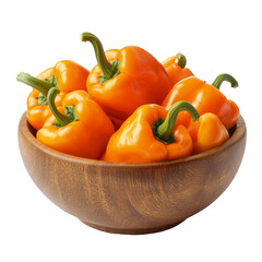 Wall Mural - Fresh orange bell peppers in a wooden bowl, perfect for cooking and healthy eating, orange pepperscapsicum in wood bowl isolated on transparent background